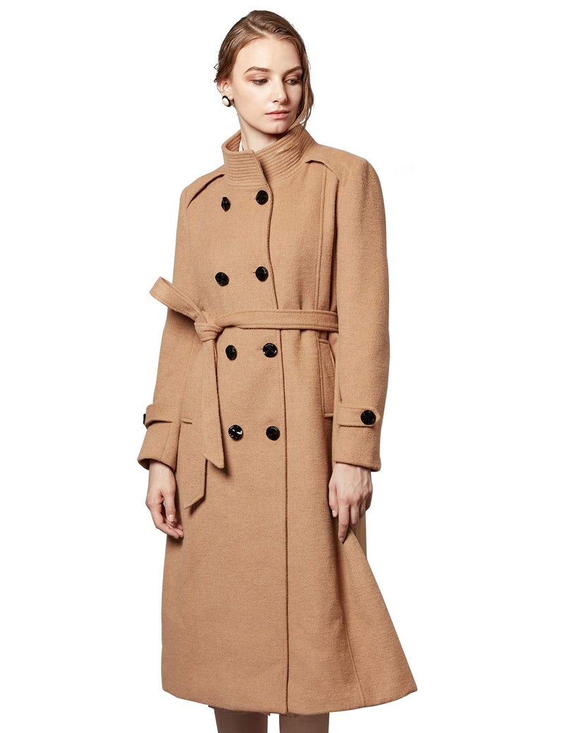 Escalier Women's Wool Trench Coat Winter Double-Breasted Jacket with Belts Camel 2XL - Image 1